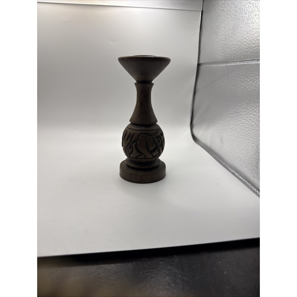 wooden candlestick vintage hand turned elephant And Rhino carved into wood